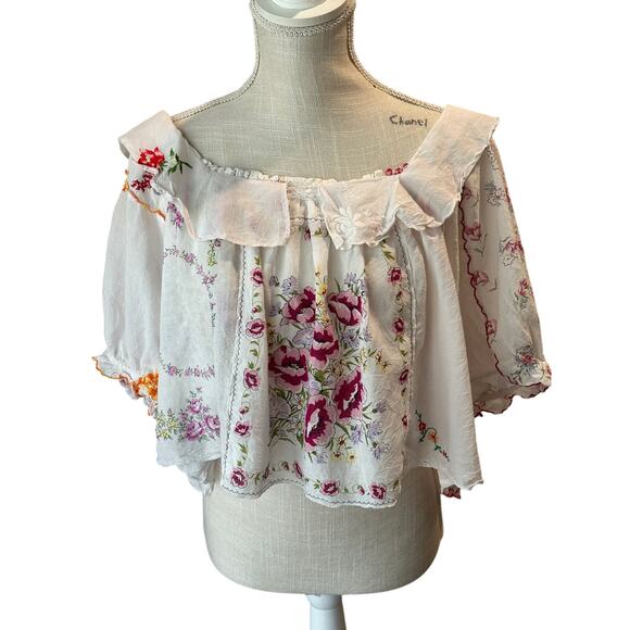 Anthropologie Tops - Anthropologie Puff-Sleeve Embroidered Collared Blouse Women's Size Large